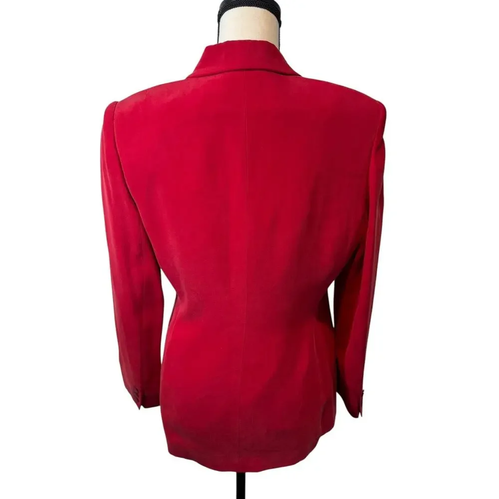 Vintage Chaus‎ Tomato Red 100% Silk Cinch Waist Blazer Medium 90s Office Siren
